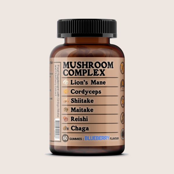 Mushroom Complex 60 Gummies, Lion’s Mane, Cordyceps, Shiitake, Maitake, Reishi, Chaga with Ginkgo Biloba and Elderburry Extract, Sugar Free
