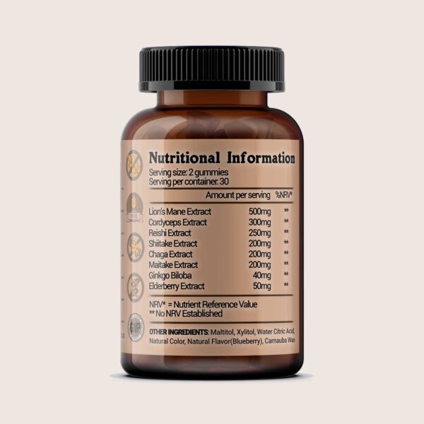 Mushroom Complex 60 Gummies, Lion’s Mane, Cordyceps, Shiitake, Maitake, Reishi, Chaga with Ginkgo Biloba and Elderburry Extract, Sugar Free