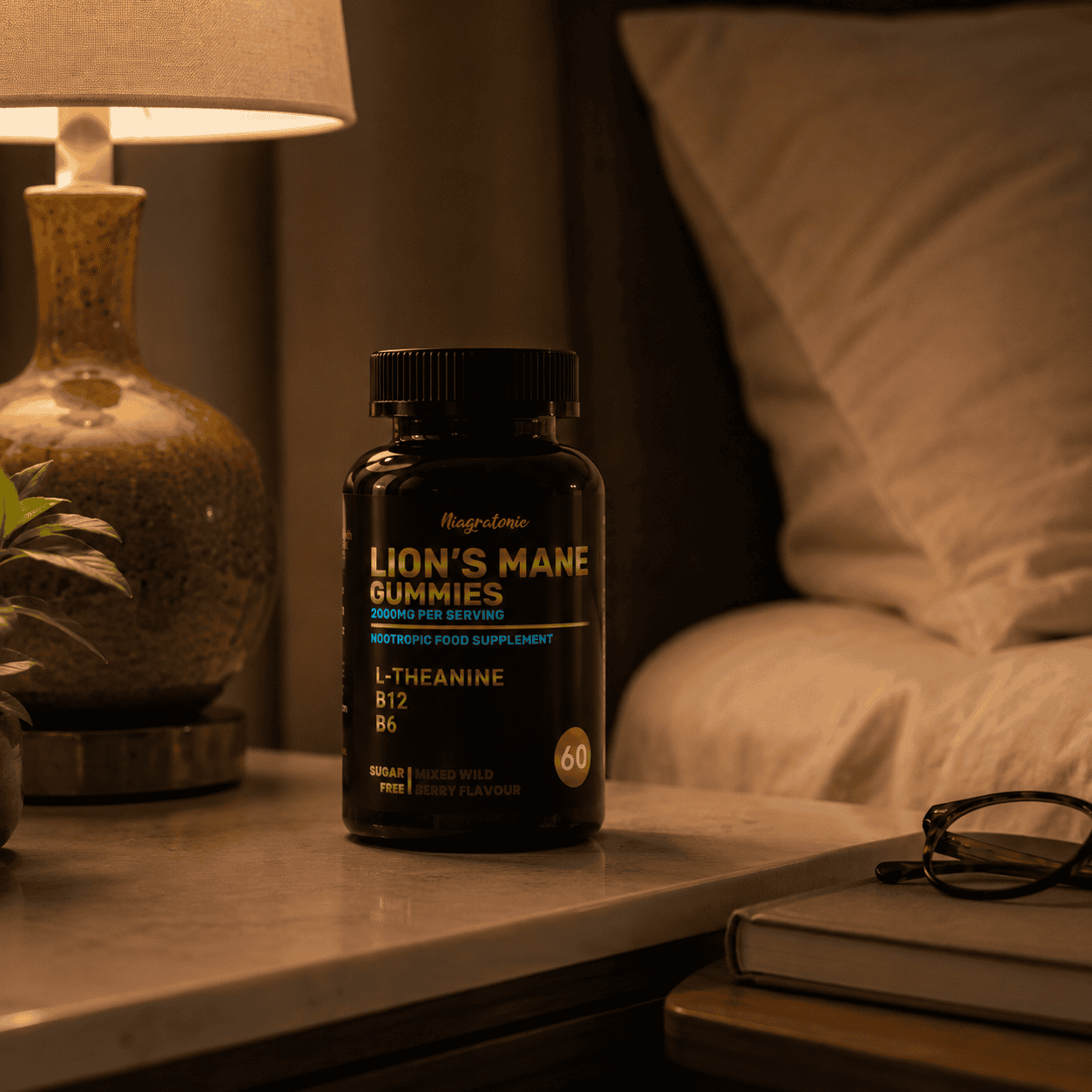 Niagratonic gummies on bedside table