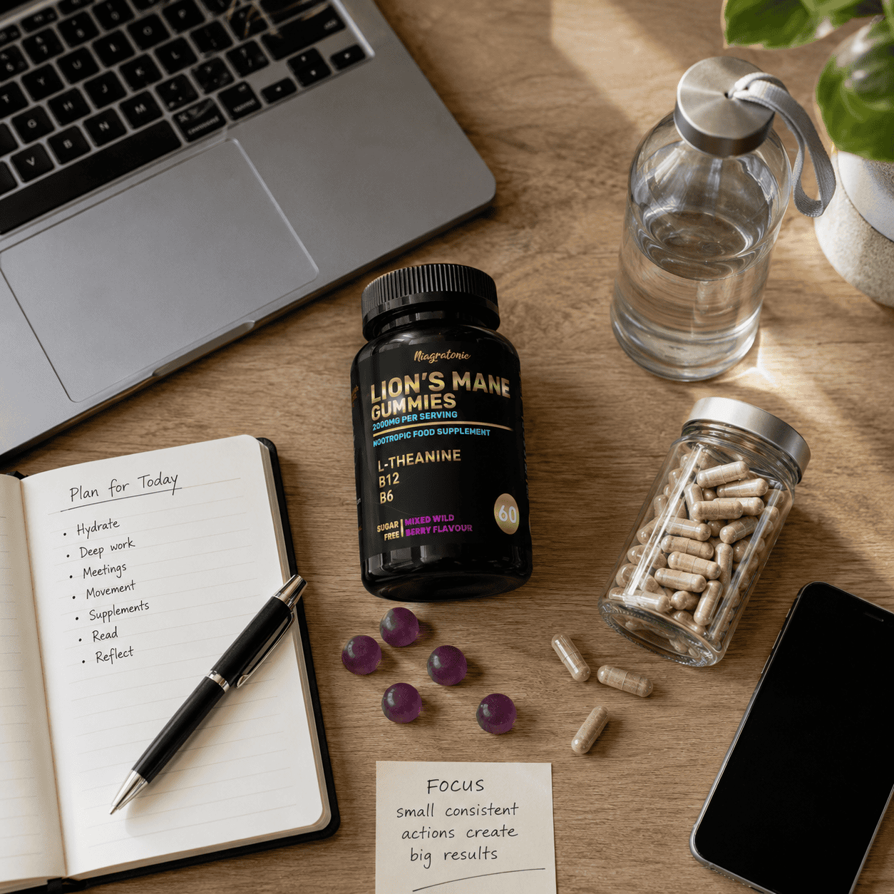 Busy professional taking lion’s mane gummies during the workday
