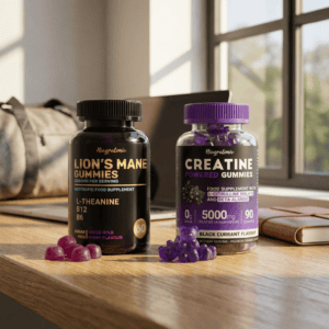 Lion's mane and creatine supplements displayed together