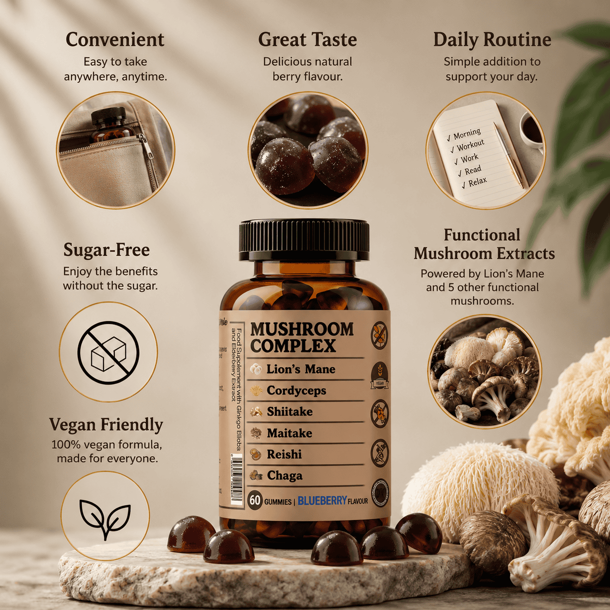Illustration showing the main reasons mushroom gummies have become popular with UK wellness consumers